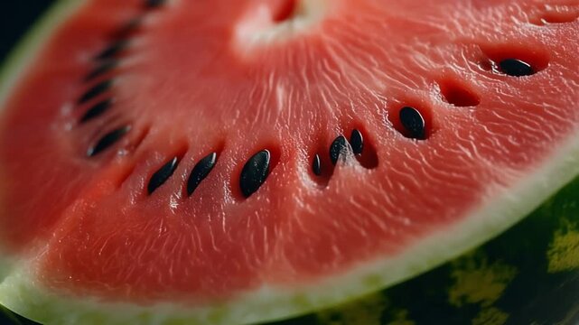 Extreme Macro Shot of Fresh Juicy Watermelon Surface with Light Reflecting off Red Pulp, Full HD Motion Background
