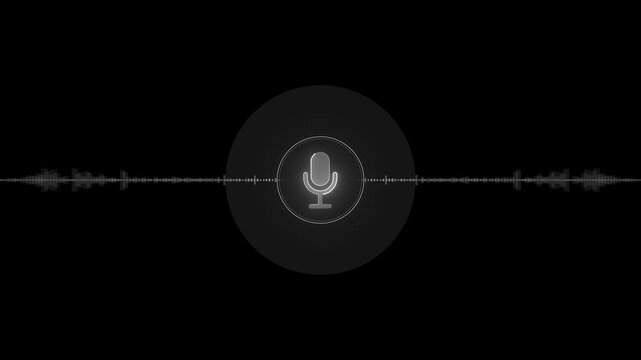 Voice recording microphone visual centered glowing mic symbol, black studio background, soft waveform line. podcast graphics, narration clips, sound editing, radio promos, voice apps, motion overlays.