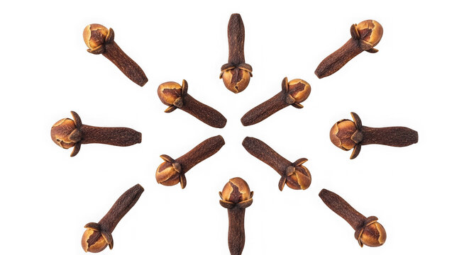 Group of whole dried clove spice buds arranged in a symmetrical circle pattern