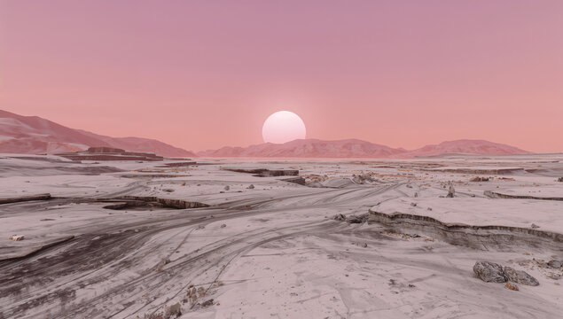 氷の火星極冠から望むピンク色の夕焼けと星空の景観