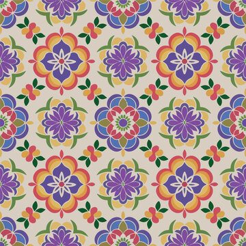 Seamless floral mandala vector pattern in vibrant colors. Colorful ornate ceramic tile pattern for textile design. Elegant ethnic floral seamless pattern with geometric motifs. 
