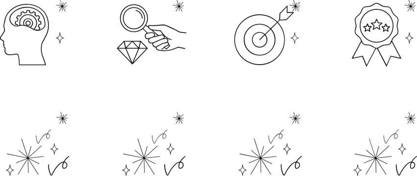 Business success strategy and core corporate values line icon set for goal achievement vector web graphic elements.