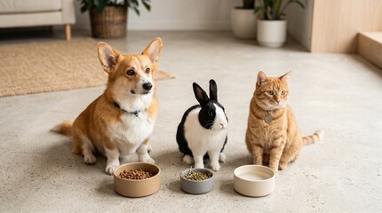 Fototapeta na wymiar Adorable group of pets Welsh Corgi dog cute black white rabbit and ginger cat sitting together before mealtime