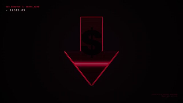 Digital Red Neon Downward Arrow HUD Interface with Decreasing Countdown Timer and Data Monitor