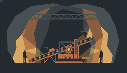 Fototapeta premium Workers in a tunnel operating a conveyor belt machinery system illuminated by headlamp beams against rocky cave walls.