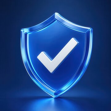 Blue security shield with check mark symbol representing protection verification and trust concept