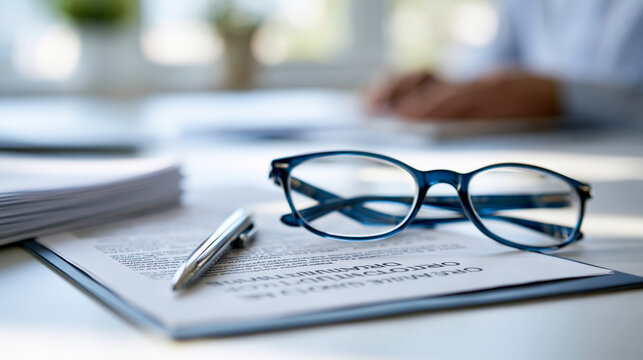 Bright office desk still life close up of a printed organizational restructuring notice beside a pen a pair of glasses and a small stack of documents on a clean light surface