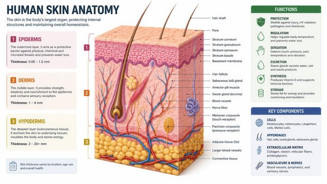 Human skin anatomy cross section diagram showing epidermis dermis hypodermis and biological structures