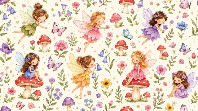 Seamless fairy pattern with cute winged girls flowers butterflies mushrooms and magical garden art