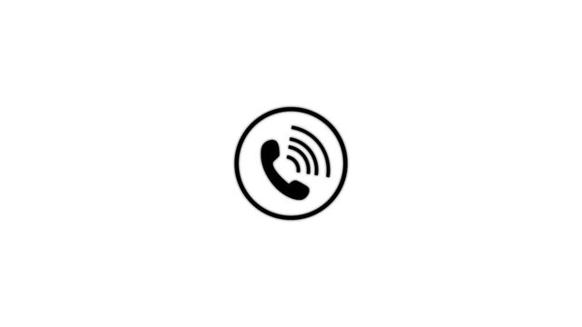 Black telephone handset icon with ringing waves inside a circle on white background