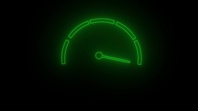 Glowing green neon speedometer dial icon on black background