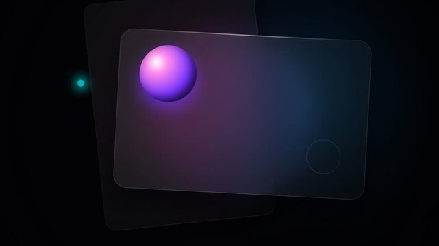 Abstract glassmorphism background with glowing purple sphere moving across transparent glass cards
