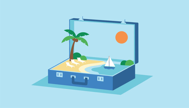 Sailboat on a serene ocean landscape inside an open suitcase for a relaxing summer beach trip.
