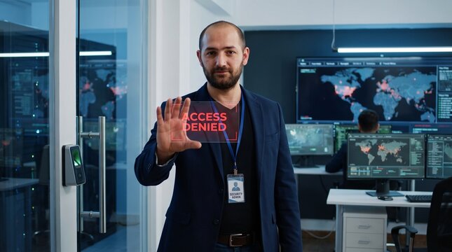 Information Technology Administrator Indicating No Permission Access to Secure Server Room With Modern Cybersecurity Workplace and Professional Confidence