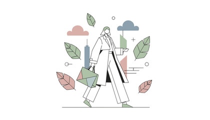 Obraz premium Stylish woman carrying shopping bags while walking among falling autumn leaves in a minimalist vector style illustration.