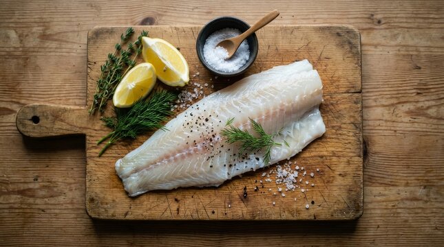 Fresh raw white fish fillet with lemon and herbs on a rustic wooden cutting board.