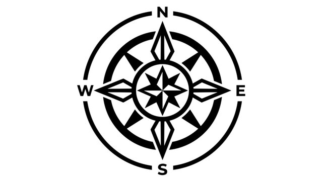 Classic compass rose illustration with cardinal directions N, S, E, W and starburst design on white background