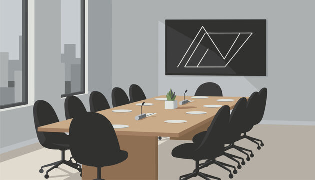Sleek corporate boardroom with a wood table, comfortable chairs, and a minimalist logo on a wall mounted display screen.