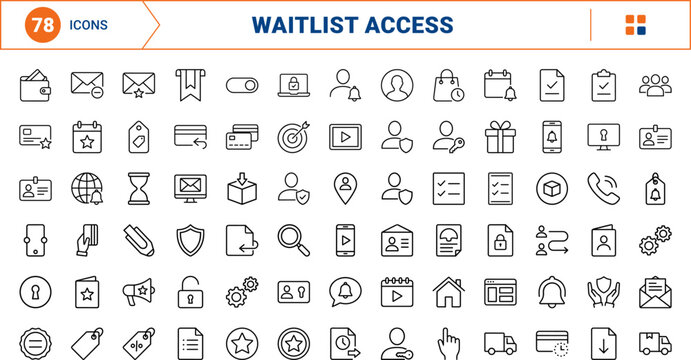 Join waitlist line icon set. Vector pictograms of queue, registration, access, and launch elements, thin linear illustration.
