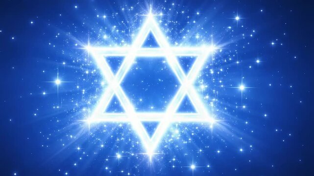 Glowing Star of David with radiant blue light on sparkling cosmic background symbol of Jewish faith
