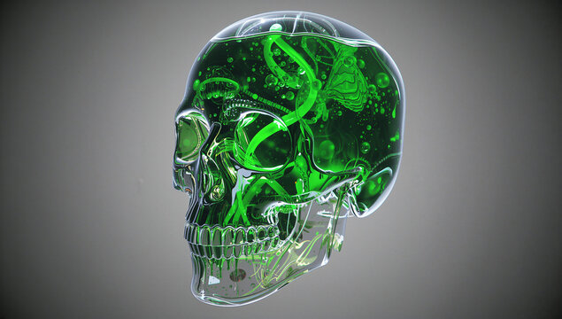 蛍光グリーンのバイオ液が管を巡る遺伝子工学スカル3D