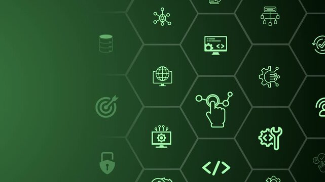 Software development and business process automation concept on the colorful background. Motion graphics of programming interface. 4k video animation. 