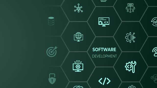 Software development and business process automation concept on the colorful background. Motion graphics of programming interface. 4k video animation. 