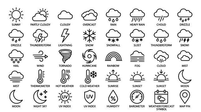 Weather Editable Stroke Outline Icons Set with Sun Rain Snow Wind and Climate Symbols