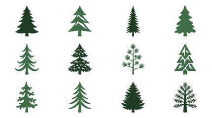 Obraz premium Creative Set of Twelve Stylish Green Christmas Trees and Evergreen Illustrations for Holiday Design Projects