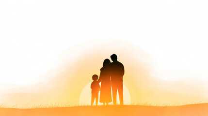 Fototapeta premium Silhouette of family at sunset with parents and child on hill