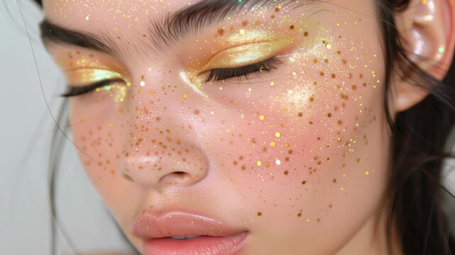 Sparkling glam makeup with glitter freckles on model's face