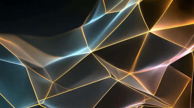 Abstract digital background featuring glowing polygonal shapes and smooth gradients in blue, pink, and gold tones. Futuristic mesh design evokes modern technology and innovation