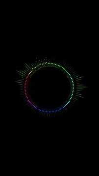 Colorful audio visualizer ring rainbow dots, radial sound bars, black empty center, neon music energy. DJ , podcast intros, music channels, party visuals, sound reactive loops, and motion overlays.
