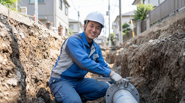 水道工事を行う青い作業着の男性作業員 配管工事