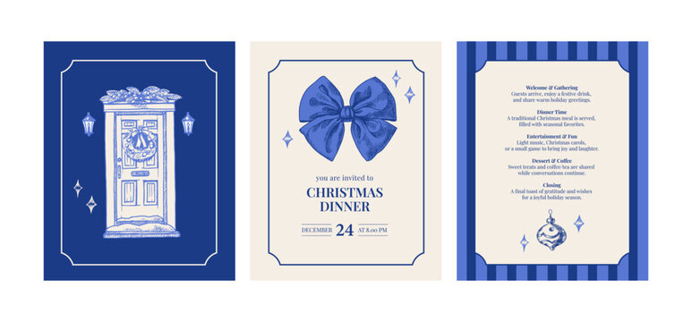 Christmas dinner invitation cards with hand drawn holiday house door, bow and ornament. Festive mood, elegant vintage style. Vector sketch illustration.