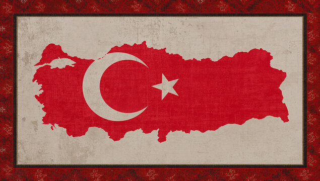 トルコ地図国旗と伝統絨毯模様幾何学のグラフィックポスター