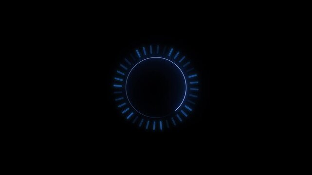 Blue progress loader animation circular tick marks, empty black space, simple waiting indicator style. software intros, mobile apps, web loading clips, dashboard states, user interface demos, motion