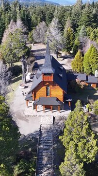 San Eduardo Chapel At San Carlos De Bariloche In Rio Negro Argentina. Snowy Mountains. Chico Circuit. Travel Background. San Eduardo Chapel At San Carlos De Bariloche In Rio Negro Argentina.