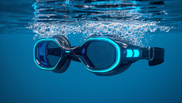 水流と青いLEDラインが流れるスピード水泳ゴーグルの3D