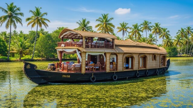 Traditional Kerala houseboat cruising on calm backwaters with palms.