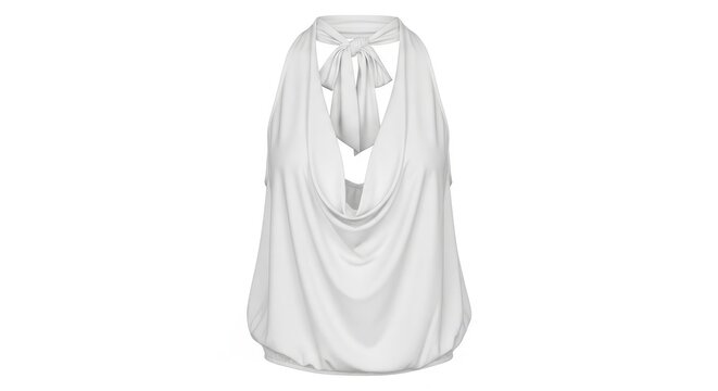 White halter neck sleeveless top with draped cowl neckline and back tie
