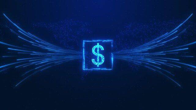 Blue global payment data visual dollar icon, fast financial light streams, dotted world map, digital economy style. for online banking, trading , finance apps, investment explainers, motion graphics.