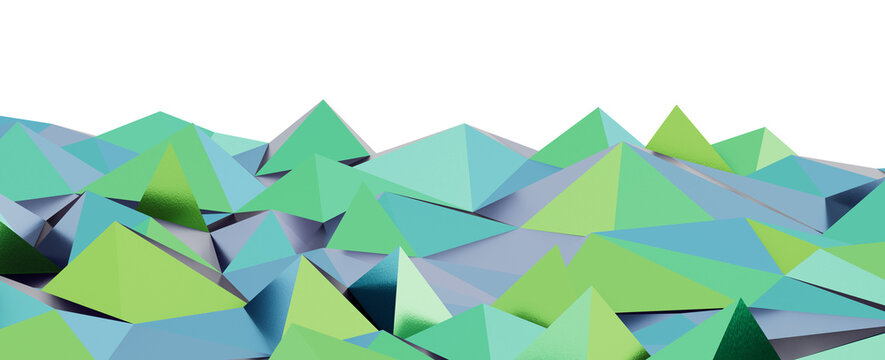 Abstract geometric low poly landscape, blue and green gradient, clean background.