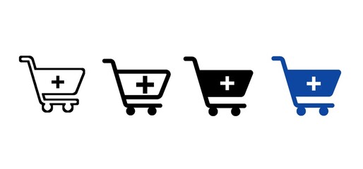 Add to shopping cart icon set. Trolley with plus sign symbols for e-commerce stores in outline, solid black, and blue styles. Vector illustration. © Raj Studio 