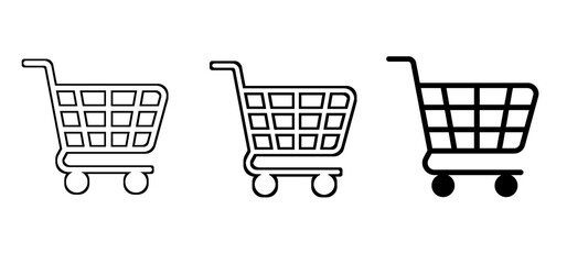 Wireframe shopping cart icon set. Supermarket trolley symbols with grid design in outline and solid wheel styles. Vector illustration. © Raj Studio 