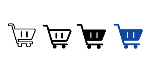 Shopping cart and trolley icon set. Retail basket symbols for e-commerce in outline, solid black, and blue styles. Vector illustration. © Raj Studio 