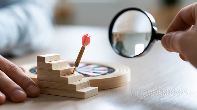 Bright still life composition close up of miniature stairs leading to a dartboard with a dart in the centre beside a magnifying glass held in a hand over a clean light neutral