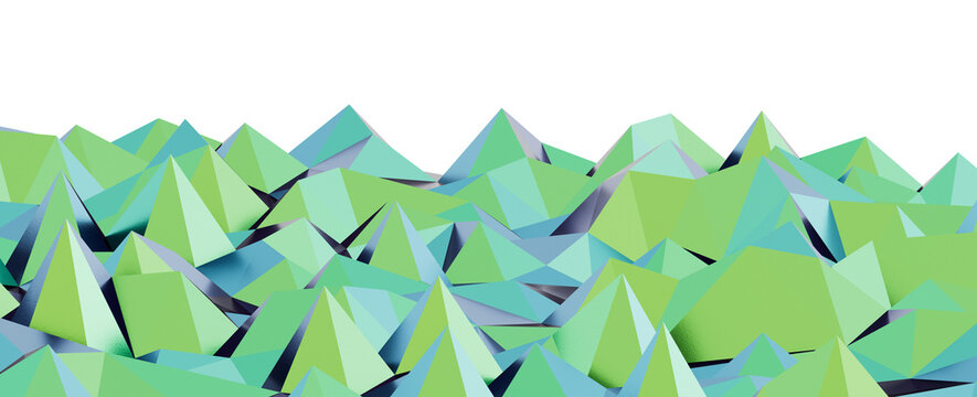 Abstract geometric landscape with low poly mountains in shades of green and blue.