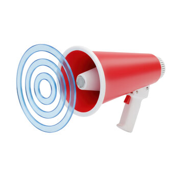 Vintage red bullhorn with white rim and silver trigger on white background, stylized concentric 3d sound waves emanating from megaphone, urgent announcement concept