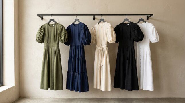 A collection of elegant dresses in various colors hanging on a rack in a boutique.
